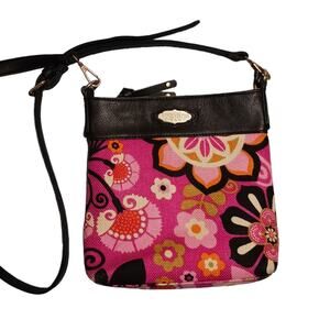 Spartina 449 linen and leather crossbody bag pink boho granny retro floral
